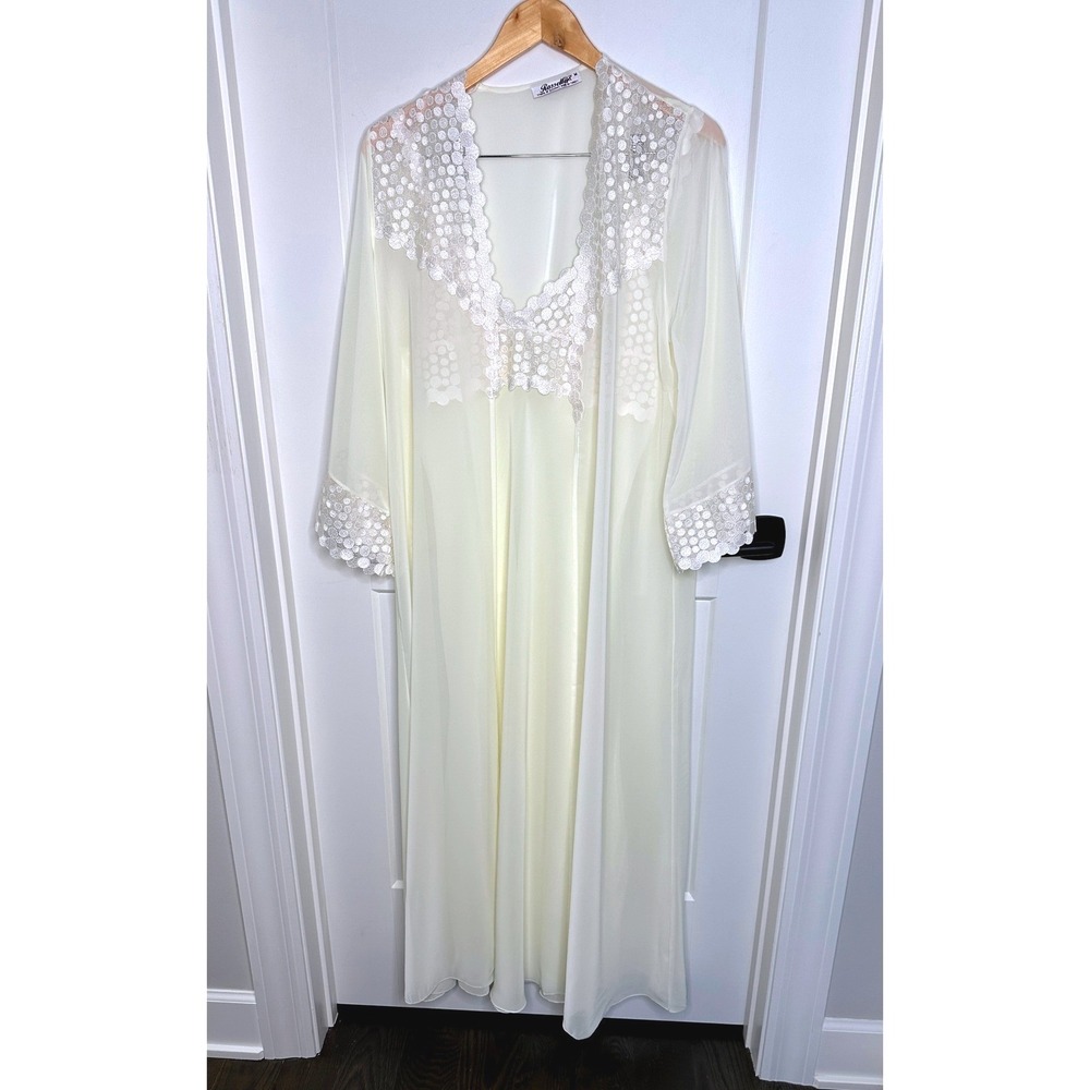 Vintage Ivory Lace‎ Trim Robe Slip Dress Lingerie Set  Rossella Honeymoon sz M
